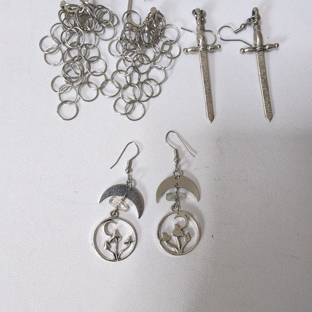 Silver Tone Celestial Mushroom And Sword Earring Set